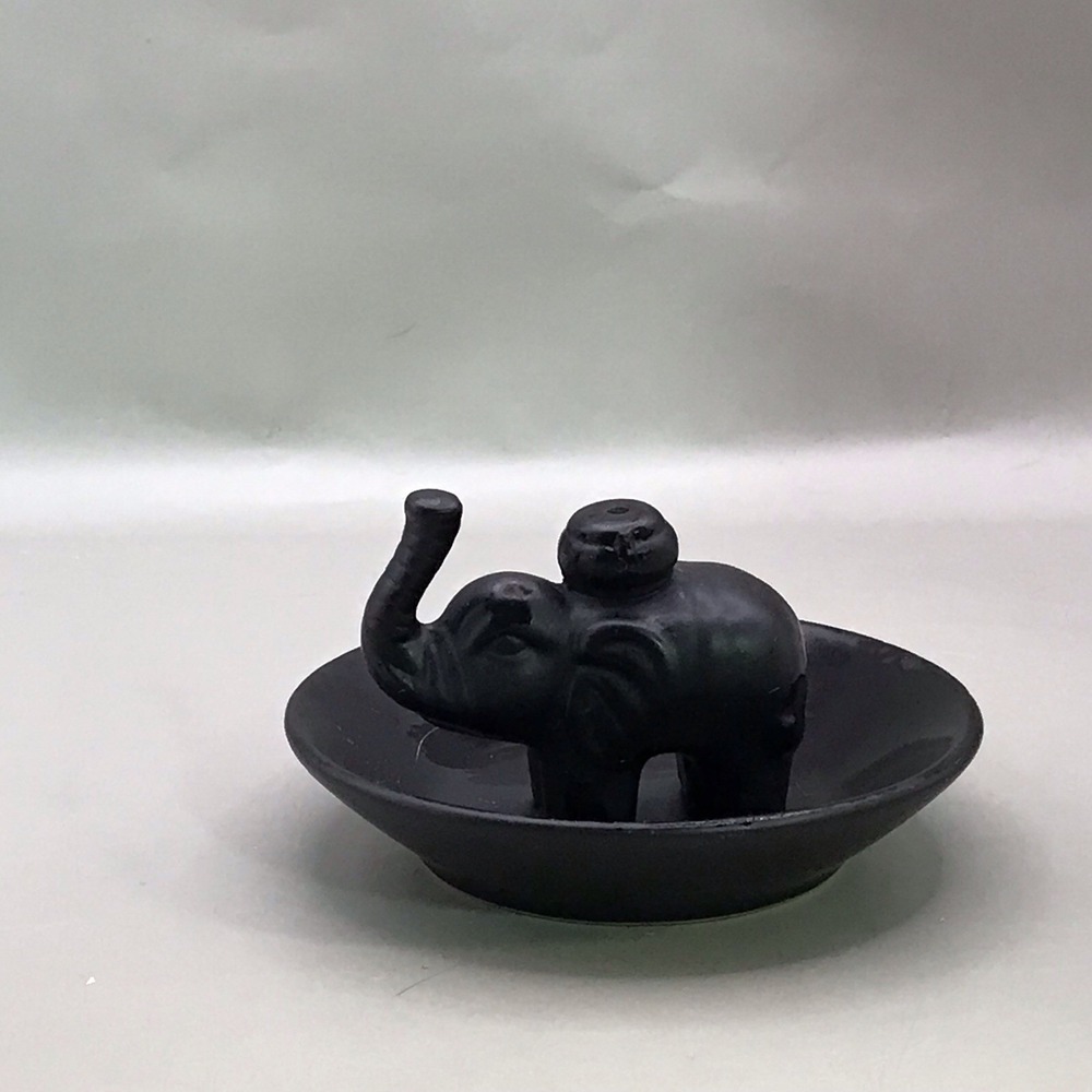Black Ceramic/Porcelain Elephant Trinket Dish Trunk Up For Luck